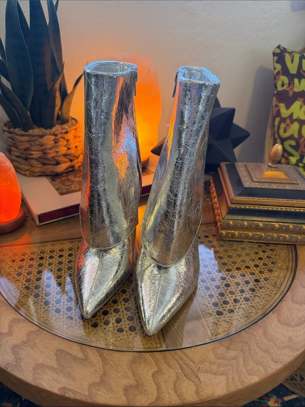 Metallic Silver Pointed Stiletto Ankle Boots - Picture 2 of 7